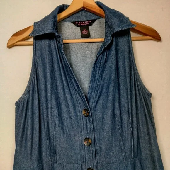 Signature by Robbie Bee Dress Petite 10P Blue Chambray Sleeveless Button Up Jean - Picture 4 of 12